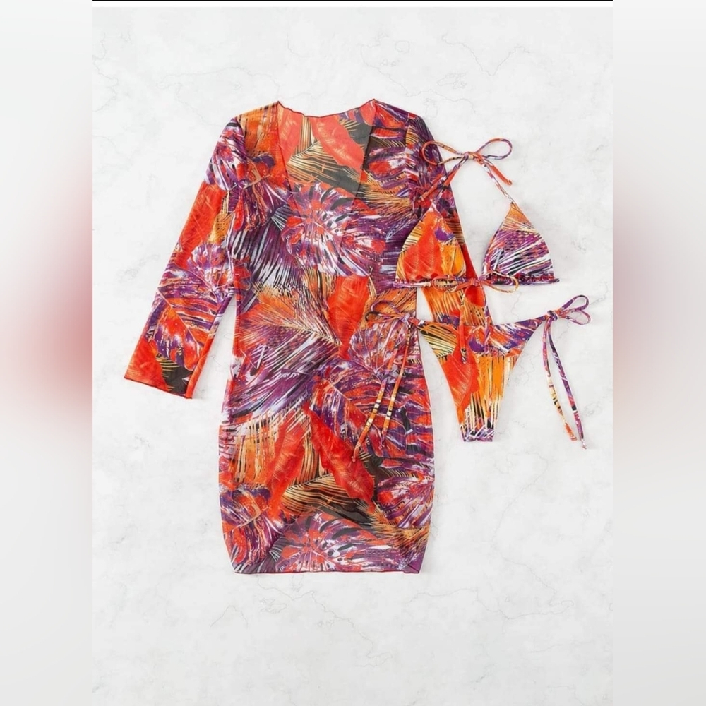 SOLY HUX Women Size M 3 Pc. Bikini & Coverup Set Multicolor Boho Tropical NWOT - Picture 2 of 5